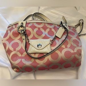 Coach Purse. Beautiful pink and cream color. 16x10x4. Zippers all work great.